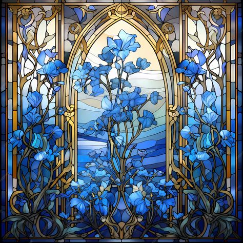 Premium Photo | Stained glass window in a stained glass window with a blue and gold gate. Royal Window Design, Cottagecore Stained Glass Window, Stained Glass Stickers For Windows, Blue Stained Glass Art, Black And White Stained Glass Window, Stained Glass Windows Aesthetic, Stained Glass People, Glass Painting Designs Window, Stainglass Window Art