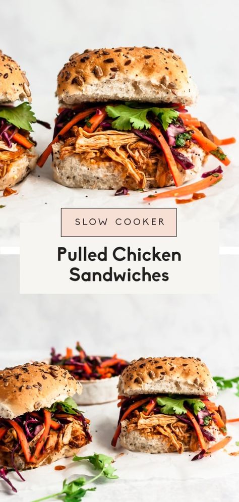 Easy pulled chicken sandwiches topped with a sweet and tangy cabbage slaw. This healthy slow cooker pulled chicken sandwich recipe is is perfect for BBQ's, potlucks, or a delicious weeknight dinner all year round! Try the healthy BBQ pulled chicken on a bun, in lettuce wraps, on salads and more. #slowcooker #crockpot #pulledchicken #chickensandwich #bbq #healthydinner Chicken On A Bun, Low Sugar Bbq Sauce, Slow Cooker Pulled Chicken, Bbq Crockpot, Crockpot Pulled Chicken, Pulled Chicken Recipes, Chicken Sandwich Recipe, Pulled Chicken Sandwiches, Bbq Chicken Sandwich