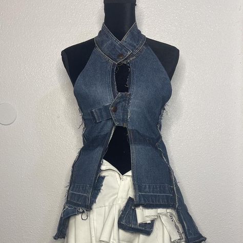 Unique, upcycled denim halter top/vest with asymmetrical hem #upcycledfashion Denim Halter Top, Diy Fashion Hacks, Upcycled Fashion, Upcycled Denim, Old Navy Women, Asymmetrical Hem, Women's Vest, Coats Jackets Women, Asymmetric Hem