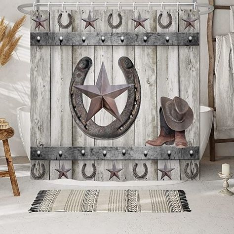 Star Cowboy Boots, Western Shower, Western Shower Curtain, Cowboy Room, Farmhouse Garage, Retro Farmhouse, Texas Star, Farmhouse Curtains, Western Homes