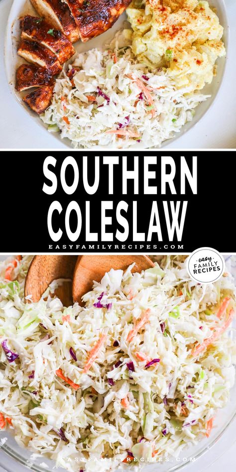 Easy coleslaw in minutes! This quick and simple Southern Coleslaw recipe features colorful shredded cabbage in a creamy and tangy coleslaw dressing for a Southern Coleslaw that’s perfect for BBQs, potlucks, and parties. You’ll love this creamy coleslaw for an easy salad side for family dinners too. This sweet and tangy Southern Coleslaw recipe is one for the keeper files! Tangy Coleslaw Dressing, Southern Coleslaw Recipe, Tangy Coleslaw, Southern Coleslaw, Best Coleslaw Recipe, Spicy Pulled Pork, Cookout Sides, Easy Coleslaw, Coleslaw Recipe Easy