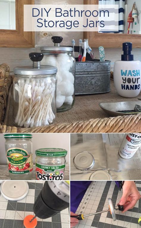 DIY Bathroom Storage Jars - recycle old glass food jars to create a beautiful way to organize and decorate your bathroom counter. Bathroom Storage Jars, Diy Bathroom Storage Ideas, Food Jars, Diy Bathroom Storage, Bathroom Organization Diy, Upcycle Decor, Bathroom Counters, Bathroom Counter, Jar Diy