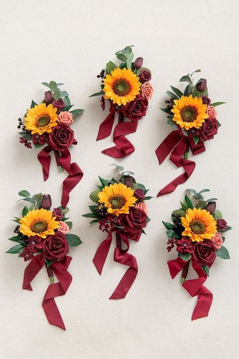 Red Sunflower Wedding Colors 2024, Red Bridesmaid Dresses, Yellow Sunflower Wedding Bouquets - ColorsBridesmaid Sunflower Wedding Colors, Red Sunflower Wedding, Sunflower Wedding Decorations, Sunflowers And Roses, Sunflower Wedding Bouquet, Sunflower Themed Wedding, Rustic Wedding Ceremony, Orange Shades, Red Sunflowers