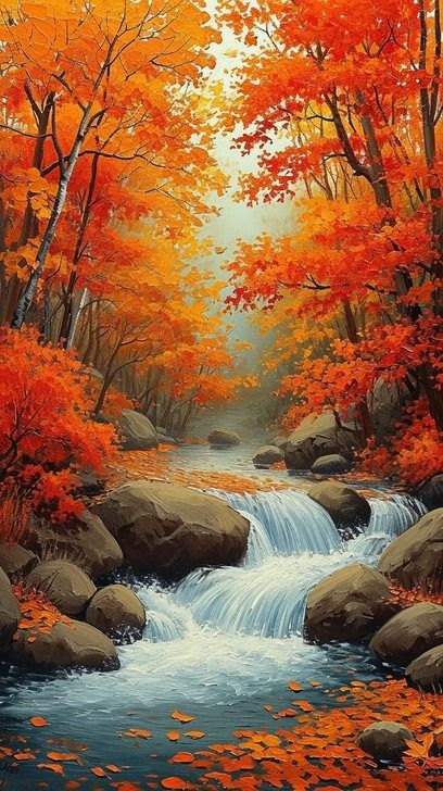 This captivating artwork transports the viewer to a serene autumnal paradise, where the gentle flow of a waterfall creates a soothing melody. The water cascades down a series of rocky outcrops, embraced by a lush tapestry of rich orange and yellow leaves that signify the essence of fall. The trees, awash with the warm hues of the season, stand tall as sentinels of the forest, their reflection in the water adding depth to the scene. The interplay of light and color evokes a sense of calm and beau Waterfall Drawing, Autumn Waterfalls, Orange Forest, Colorful Landscape Paintings, Cascading Waterfall, Fire Drawing, Waterfall Paintings, Moonlight Painting, Pretty Trees