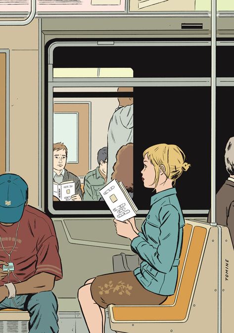 Missed Connection, 2004. Image credit: Adrian Tomine Adrian Tomine, New York Drawing, Superhero Graphic, People Reading, New Yorker Covers, Bd Comics, Woman Reading, Reading Books, The New Yorker