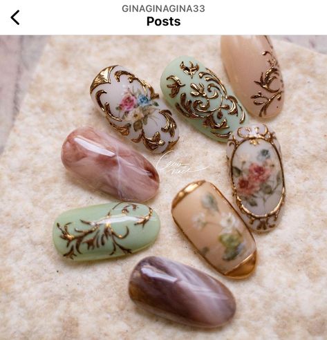 Vintage Floral Nails, Rococo Nail Art, Bridgeton Nails, Regency Nails, Baroque Nail Art, Victorian Nails Designs, Art Nouveau Nails, Marie Antoinette Nails, Bridgerton Nails Ideas