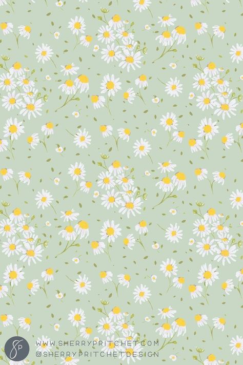 Freelance Design, Repeat Pattern, Surface Pattern, Floral Wallpaper, Light Green, Illustrator, Daisy, Yellow, Floral