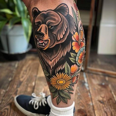 🐻 Traditional Bear Tattoo Ideas. Feel free to download designs Exploring the wild side with these timeless bear tattoo designs! From fierce to friendly, which one speaks to your spirit? 🌿 #BearTattoo #TattooInspiration #TraditionalTattoo #InkedLife #WildSpirit #TattooArt #ArtisticInk #InkAddict #TattooIdeas #ReelArt Traditional Tattoo Nature, American Traditional Bear Tattoo, Traditional Tattoo Leg Sleeve, Traditional Bear Tattoo, Bear Tattoo Ideas, Traditional Tattoo Animals, American Traditional Sleeve, Sick Tattoos, Bear Tattoo Designs