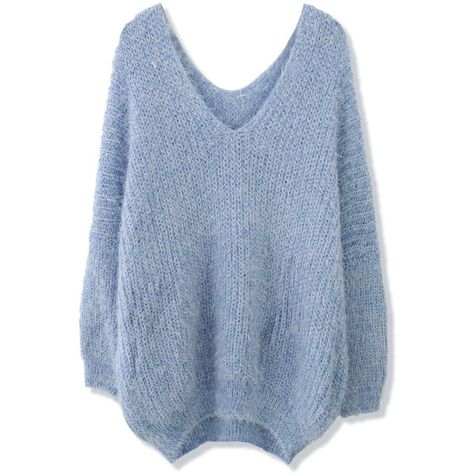 Chicwish V-Neck Fluffy Oversize Sweater in Blue (€47) ❤ liked on Polyvore featuring tops, sweaters, shirts, jumpers, blue, knit shirt, v-neck sweater, blue v neck sweater, v neck pullover sweater and knit sweater Pullovers Outfit, Oversize Sweater, Fluffy Sweater, Fashion Buyer, Fashion Mode, Looks Style, Ladies Dress Design, Sweaters Oversized, Look Chic