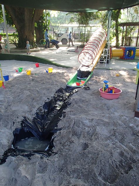 Setting up for our Wet Day - waterfall and water course in the sandpit Sandpit Set Up Ideas Childcare, Sandpit Activities, Sandpit Ideas Childcare, Sand Pit, Childcare Activities, Early Learning Centre, Day Camp, Invitation To Play, International School