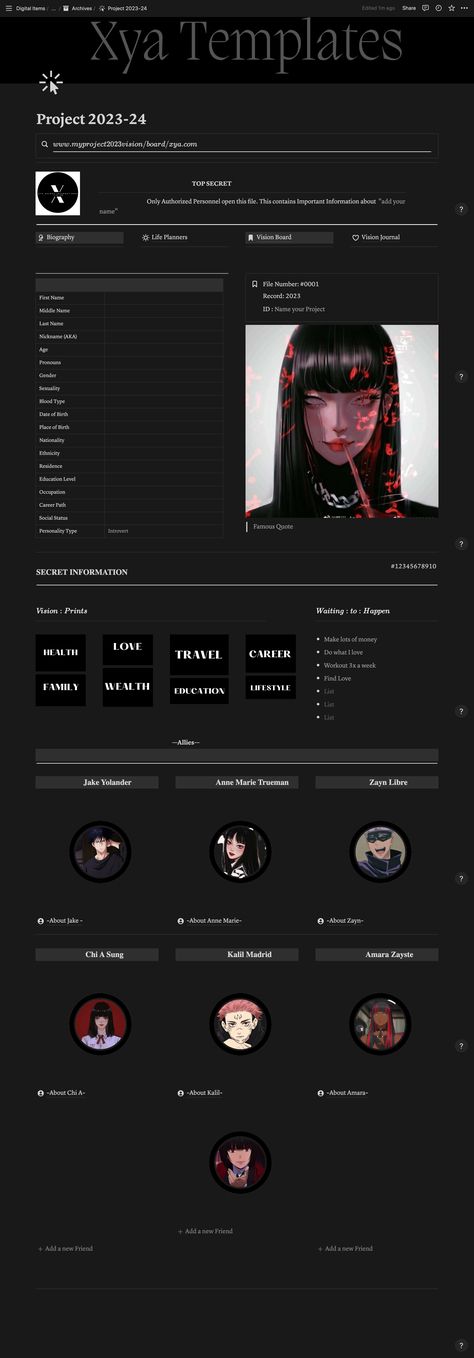 Sign up Here -> https://shorturl.at/dmXZ5 Notion Oc Template, Notion Character, Vision Board Notion Template, Notion Template Ideas Aesthetic Dark, Glow Up Notion Template, Dark Mode Notion Ideas, Notion Template Ideas Dark Mode, Manga Tracker Notion, Notion Dark Mode Templates Aesthetic