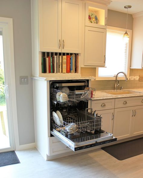 Alpha, IL White and Gray Kitchen with Hidden Laundry and Raised Dishwasher - Transitional - Kitchen - Other - by Village Home Stores | Houzz Elevated Dishwasher Kitchens, Hidden Deep Freezer In Kitchen, Elevated Dishwasher, Raised Dishwasher, White And Gray Kitchen, Dishwasher Cabinet, Cupboard Makeover, 1940s Kitchen, Hidden Laundry