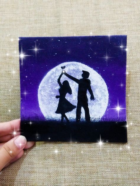 Couple Dance Painting, Mini Canvas Art Couple, Anniversary Painting Ideas, Canvas Couple Painting, The Moon Painting, Moon Kiss, Expressive Drawing, Couples Canvas Painting, Love Canvas Painting