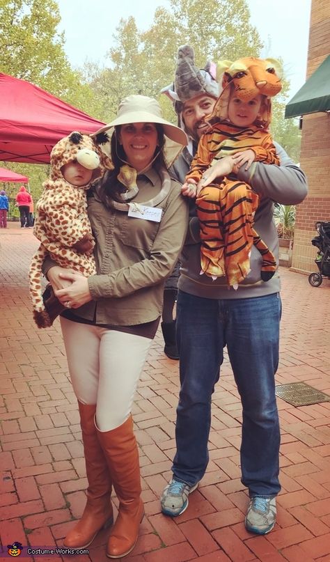 Tanna: My toddler is obsessed with animals and picked out our costumes. Mommy was a Zoo Keeper, Daddy Elephant, Brady a Tiger and Bry is a Giraffe. Diy Zoo Keeper Costume Women, Zoo Animal Halloween Costumes, Toddler Monkey Costume, Halloween Zoo, Original Halloween Costumes, Sibling Halloween Costumes, Sibling Costume, Giraffe Costume, Elephant Costumes