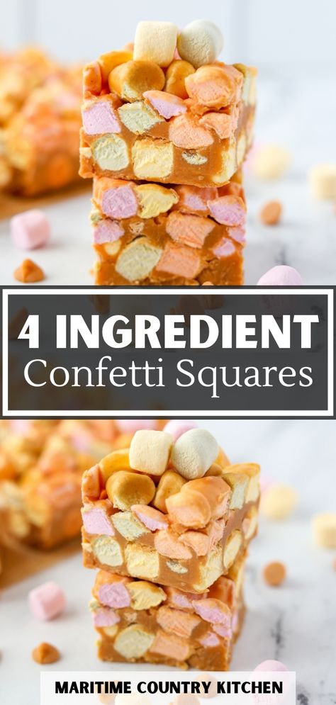 Indulge in the nostalgic delight of Butterscotch Confetti Squares! These easy, no-bake treats combine creamy butterscotch and colorful marshmallows for a burst of flavor. Perfect for parties or a sweet snack, these squares are a crowd-pleasing favorite. Bring joy to your dessert table! Marshmallow Confetti Squares, Colored Marshmallow Squares, Butterscotch Confetti Squares, Confetti Squares Butterscotch, Marshmallow Rolls Recipe, Marshmallow Butterscotch Squares, Butterscotch Marshmallow Squares, Square Desserts, Colorful Marshmallows