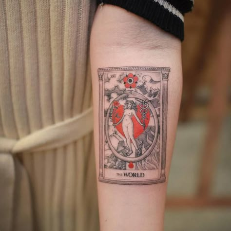 The World Tarot Tattoo, Tarot Card Layouts, The World Tarot Card, The World Tarot, The Magician Tarot, Tarot Card Tattoo, Tarot Tattoo, Traditional Flash, World Tattoo