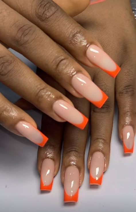 Orange Square French Tip Nails, Orange Tips Short Nails, Fall Orange French Tip Nails, Square Nails Orange Tips, Orange Tip Acrylic Nails, Coffin Orange French Tip Nails, Nails Photoshoot, Acrylic Nails Nude, Nail Board