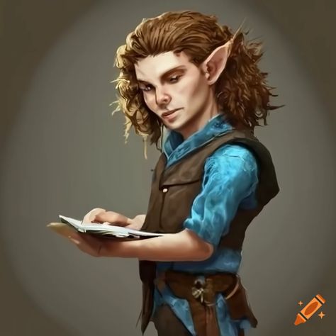 A dungeons and dragons character: young adult male forest gnome wizard short coppery-brown hair, wearing a blue tunic with a dark grey vest, looking at a notebook Gnome Wizard, Forest Gnome, Notebook Drawing, Unique Images, Grey Vest, Dungeons And Dragons Characters, A Notebook, Unique Image, Art Model