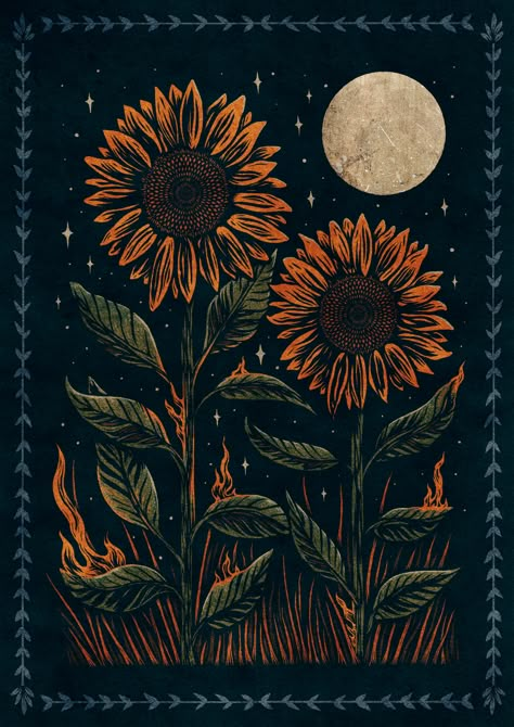 SAM DUNN on Behance Dark Sunflower Wallpaper, Digital Art Sunflower, Sunflower Drawing, Vintage Floral Wallpapers, Arte Van Gogh, Witchy Wallpaper, Sunflower Wallpaper, Art Collage Wall, Halloween Wallpaper