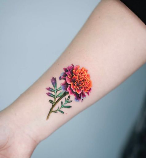 Bright Flower Tattoos, Marigold Tattoos, Marigold Tattoo, Lily Flower Tattoos, Green Tattoos, Tattoo Color, A Ray Of Sunshine, Complicated Love, Marigold Flower