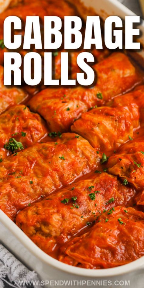 Cabbage Rolls are super hearty & filling! Rice, meat, and tomatoes are wrapped with cabbage leaves and baked until perfectly tender. The best part? This dish is great for leftovers! Enjoy it all week long for a quick & easy lunch! #spendwithpennies #cabbagerolls #easycabbagerolls #dinner Cabbage Roll Sauce, Best Cabbage Rolls Recipe, Cabbage Roll Recipe, Stuffed Cabbage Rolls Recipe, Easy Cabbage Rolls, Boiled Cabbage, Cabbage Roll Casserole, Stuffed Cabbage Rolls, Best Macaroni Salad