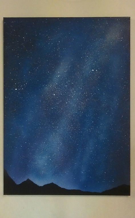 Stary sky over mountains. Acrylic on canvas by Jonathan Long. Stary Night Canvas Painting, Mountains Night Painting, Dark Sky Painting Easy, Stary Night Watercolor Painting, Stary Sky Painting Acrylic, Stary Sky Drawing, Sky Full Of Stars Painting, Dark Blue Canvas Painting, Dark Sky Painting Acrylic