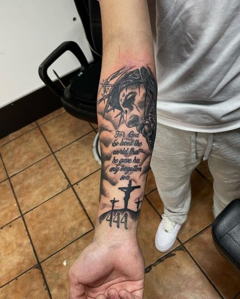 Cross With Bible Verse Tattoo For Men, For God So Loved The World Tattoo, Men Biblical Tattoos, God Tattoos For Men Arm, Cross Scripture Tattoo, Men God Tattoos, Bible Tattoos Men, Best Christian Tattoos For Men, Christian Hand Tattoos For Guys