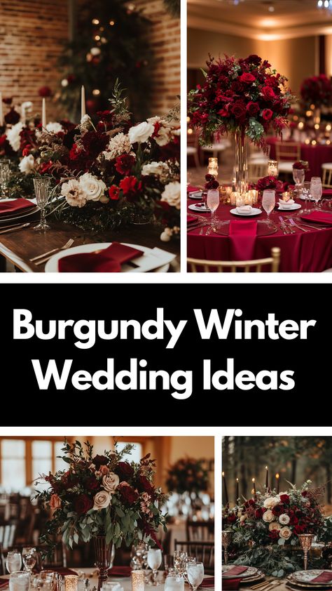 Burgundy winter wedding setup with elegant decor, floral arrangements, and a burgundy-themed centerpiece, perfect for a cozy winter celebration. Burgundy Flower Centerpieces Wedding, Burgundy And Gold Color Palette, Burgundy Theme Wedding, Burgundy Winter Wedding, Burgundy Color Palette, Burgundy Wedding Centerpieces, Burgundy Colour Palette, Winter Wedding Theme, Burgundy Wedding Cake