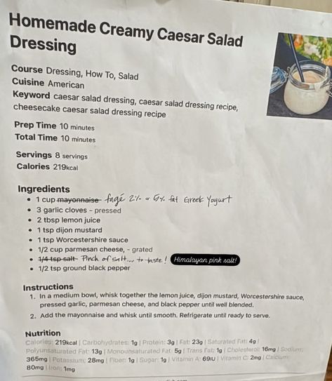 Caesar Salad Dressing Recipe, Caesar Salad Dressing, Homemade Salads, Food Board, Himalayan Pink Salt, Salad Dressing Recipes, Caesar Salad, Dressing Recipe, Pinch Of Salt