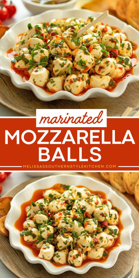 Out of easy party food ideas? Try these Marinated Mozzarella Balls! This finger food starts with mozzarella cheese infused with a flavorful combination of herbs, spices, and Calabrian chiles. It makes the best 4th of July appetizer recipe! Fresh Mozzarella Recipe Appetizers, Fresh Mozzarella Appetizers, Mozzarella Balls Recipe, Easy Party Food Ideas, Marinated Mozzarella Balls, Party Appetizer Recipes, Fresh Mozzarella Recipe, Mozzarella Appetizers, Italian Appetizers Easy