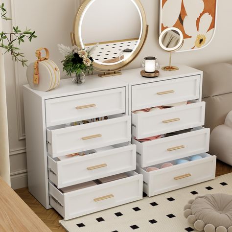 PRICES MAY VARY. Large Capacity Dresser: 4 deep, large capacity drawers provide greater storage space, making it suitable for all kinds of functions and space, such as the drawer organizer of the bedroom, the tv stand of the living room, the storage cabinet of the entrance channel, the metal storage cabinet of the bathroom High Quality Metal Closet Dresser: The white dresser is made of strong and durable metal, with fashionable design and smooth surface.Metal drawer scratch-proof, waterproof, ru Grey Bedroom Dresser, Aesthetic Closet Organization, Closet Chest Of Drawers, Drawer Decor Ideas, Slim Dresser, Storage Ideas For Bedrooms, Space Saving Dresser, Cheap Dressers, White And Gold Dresser