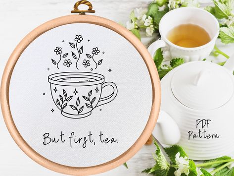 "This charming tea cup hand embroidery PDF pattern is an easy weekend project. It's an easy enough embroidery to be suitable for beginners. More advanced stitchers can use it as a base to add their own customizations. When your DIY embroidery is complete, keep it in the embroidery hoop to display or frame it! This adorable design would make a great gift or kitchen decor. ~ Your purchase comes as an instant digital download PDF, there are no physical items in this purchase. You will need a comput Tea Cup Embroidery, Tea Embroidery, Cup Embroidery, Kitchen Embroidery Designs, Easy Weekend Projects, Tea Design, Christmas Embroidery Designs, Free Tea, Simple Embroidery