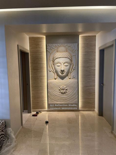 Buddha Statue Home Entrance, Buddha Mural, Yoga Spaces, Room Tiles Design, Duplex Wall, Buddha Statue Home, Buddha Wall Decor, Pooja Door Design, Buddha Home Decor