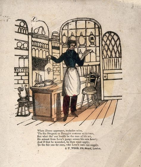 A pharmacist making up prescriptions in his shop. Woodcut, artist unknown, 1800s Animal Experiments, Wellcome Collection, 2024 Ideas, Willow Bark, 20 Century, Apothecary Jars, Pharmacist, Mortar And Pestle, Ink Pen Drawings