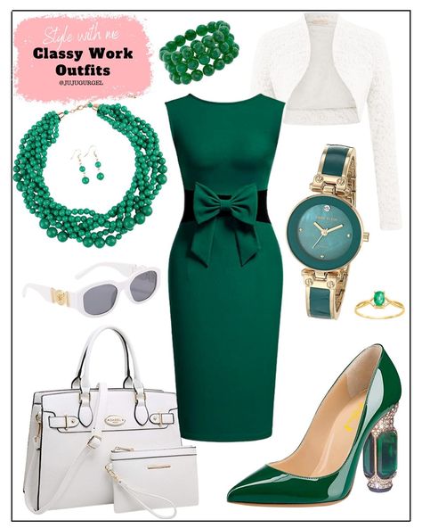 Green And Gold Outfit Classy, Green And White Outfits For Women, Green Luxury Outfit, Green And White Outfit Ideas, Luxury Green Dress For Office Wear, Elegant Green Office Wear Dresses, Chic Green Bodycon Dress For Work, Green And White Outfit, Christmas Outfits Dressy