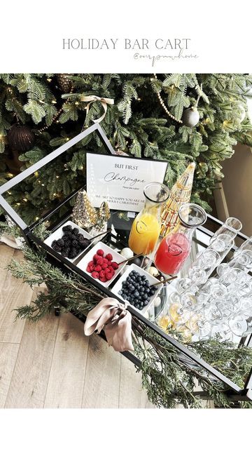 Jordyn on Instagram: "Holiday Bar cart... champagne style This weekends festivities are quickly approaching and I'm kickin off our annual party with champagne for all! This is going to be so much fun to have as guests enter our home for our annual ugly sweater Christmas party. I think we're on year #12 and this is a first! I'm a straight champs kinda gal, but added in some fruits and juices for those who like a good ol' solid mimosa! This works perfect for a holiday brunch or Christmas Day gath Christmas Wine Bar, Mimosa Cart, Christmas Mimosa Bar, Mimosa Ideas, Bar Christmas Decor, Mimosa Bar Wedding, Champagne Cart, Bar Cart Essentials, Holiday Bar Cart