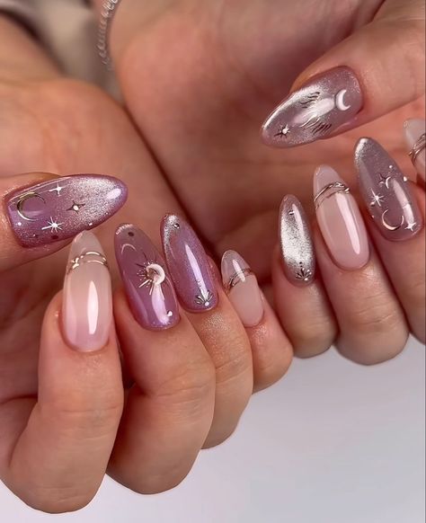 French Cateye Nailart, Douyin Nails Cat Eye, Celestial Cat Eye Nails, Nail Design With Chrome, Japanese Cat Eye Nails, Pink Cateye Nail Design, Cateye Nailart Korean, Cat Eye Nails Polish Art Designs, Nail Art Elegant Classy Beautiful