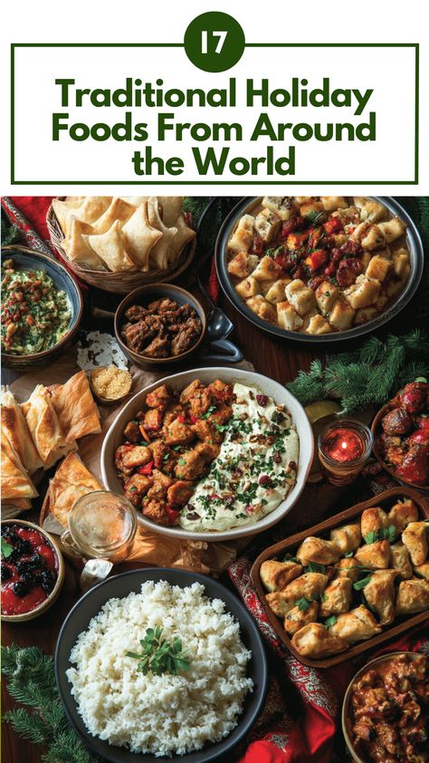 A table filled with traditional holiday dishes from around the world, featuring a variety of savory and sweet foods representing global culinary traditions. Holiday Feast Food, Christmas Dishes From Around The World, Christmas Dinner Around The World, Christmas Recipes From Around The World, Holiday Recipes Christmas Main Dishes, International Christmas Recipes, Untraditional Christmas Dinner, Christmas Around The World Food, Christmas Dinner Traditional