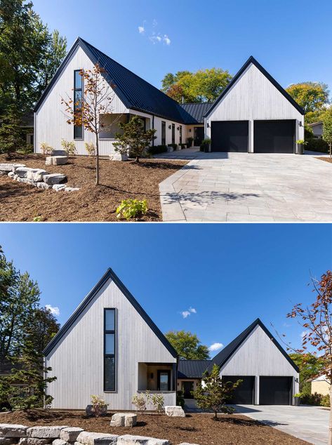 This Scandinavian Inspired House Design Has An Exterior Of Vertical White Cedar Siding And A Black Metal Roof Cedar Exterior House, Modern White House Exterior, Scandinavian Exterior House, Scandinavian Farmhouse Exterior, Modern Scandinavian House Plans, Vertical Siding Exterior, Scandinavian Home Exterior, Scandinavian House Exterior, Scandinavian House Plans