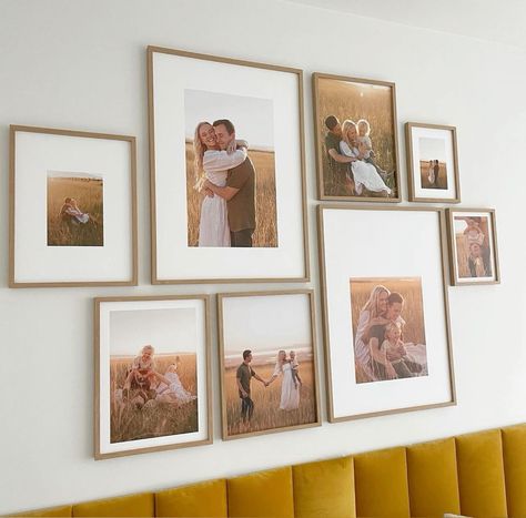 Mismatch Frame Gallery Wall, Picture Wall Ideas Engagement, Mixed Size Gallery Wall, Wedding Photo Wall Bedroom, Couple Photo Wall Decor, Symmetrical Photo Wall, Engagement Photo Wall Decor, Dining Area Gallery Wall, Picture Gallery Wall Ideas Master Bedrooms