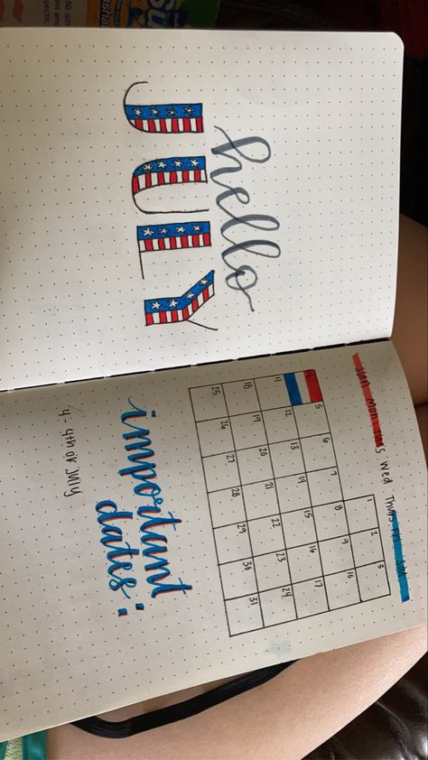 July Bullet Journal Cover Page. One side says “hello july” with each letter of July made to look like an American flag. The other side has the monthly calendar with room for important dates. July Whiteboard Calendar Ideas, July Whiteboard Calendar, July Planner Ideas, July Journal Ideas, July Calendar Ideas, Calendar Lettering, 4th Of July Drawings, July Bullet Journal Cover, July Doodles