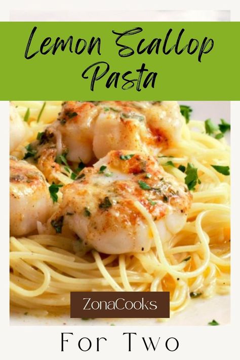 Lemon Scallop Pasta on a plate. Bay Scallops And Pasta Recipes, Ravioli With Scallops, Tuscan Scallop Pasta, Linguini And Scallops, Dishes With Scallops, Lemon Butter Scallops Pasta, Bay Scallop Pasta Recipe, Scallop Noodle Recipes, Scallops With Angel Hair Pasta