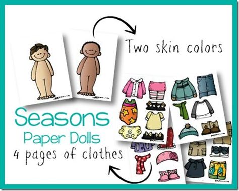 Paper Dolls for the Seasons Printable (with 4 different paper dolls) from Royal Baloo Seasons Printable, Shoebox Ideas, Weather Theme, Seasons Activities, Five In A Row, Christmas Child, Operation Christmas, Box Gifts, Folder Games