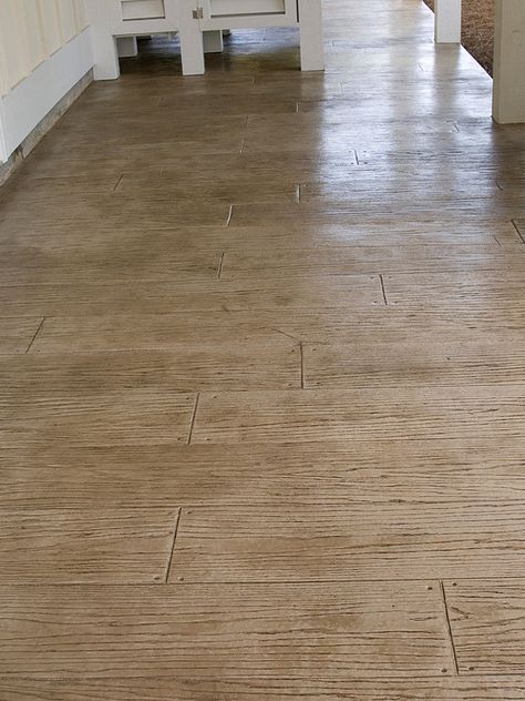 Stained and Stamped Concrete to look like wide plank wood flooring. LOVE THIS! Wood Stamped Concrete, Stamped Concrete Designs, Concrete Interiors, Concrete Stained Floors, Wood Floors Wide Plank, Patio Flooring, Concrete Porch, Concrete Wood, Stamped Concrete