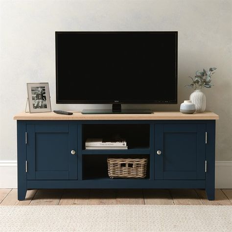 Chester Midnight Blue Large TV Stand - The Cotswold Company Teal Tv Stand Living Rooms, Blue Tv Stand Living Room, Old Tv Stand Makeover, Navy Tv Stand, Blue Tv Unit, Tv Stand Refurbished, Small Corner Tv, Corner Tv Units, Living Room Corners