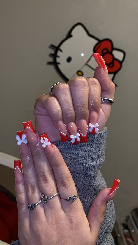 Red Toes Nails, Red Square Nails Design, Baddie Acrylics, Red Hello Kitty Nails, French Tip Acrylic Nails Short, Hello Kitty Acrylics, Red Baddie Nails, Uñas Hello Kitty, Red Toe Nails