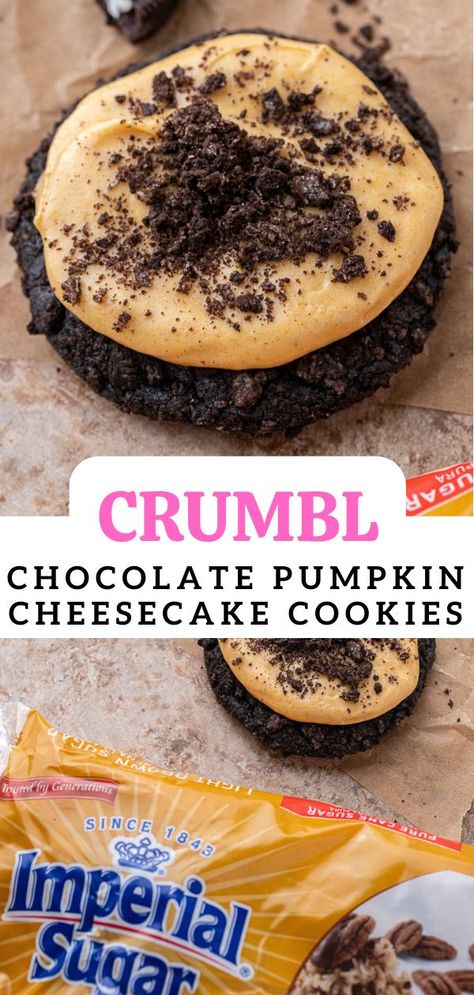 These Crumbl chocolate pumpkin cheesecake cookies are made with dark chocolate cookies and cream cookies and topped with a luscious pumpkin cheesecake frosting plus some extra chopped-up Oreos for good measure. So good! These were made possible thanks to Imperial Sugar #ad Frosted Fall Cookies, Pumpkin Cheesecake Cookies Recipe, Chocolate Pumpkin Cheesecake, Crumbl Copycat, Cookies And Cream Cookies, Pumpkin Cheesecake Cookies, Cheesecake Cookies Recipes, Crumble Cookie Recipe, Cream Cheese Oreo