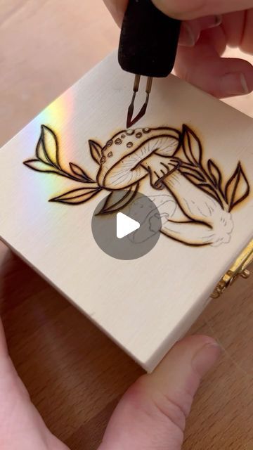 Kate Elliott on Instagram: "✨ Little boxes ✨  Soon to be available for purchase • #boxes #pyrography #woodburning #vanisle #vancouverisland #shawniganlake #mushroomart @razertip" Owl Pyrography Patterns, Designs For Wood Burning, Wood Burning Box Ideas, Simple Pyrography Designs, Witchy Wood Burning Ideas, Pyrography Ideas For Beginners, Wood Burning Art For Beginners, Easy Wood Burning Ideas For Beginners, Wood Burning Art Patterns