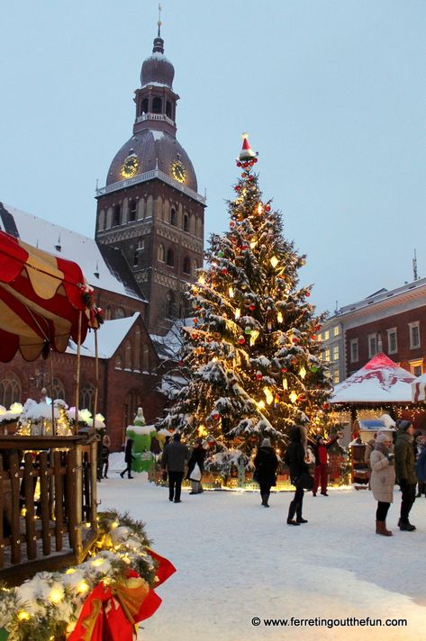 A snowy Christmas market in Riga, Latvia Christmas Fotos, Vacation Budget, Baltic Countries, Hair Boy, Blue Rock, Snowy Christmas, Budget Vacation, Baltic States, Riga Latvia