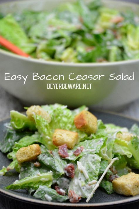 Caesar Salad With Bacon, Ceased Salad Recipe, Ceased Salad, Salad Recipes With Bacon, Romaine Salad, Food Salad, Easy Bacon, Salad Ideas, Caesar Dressing